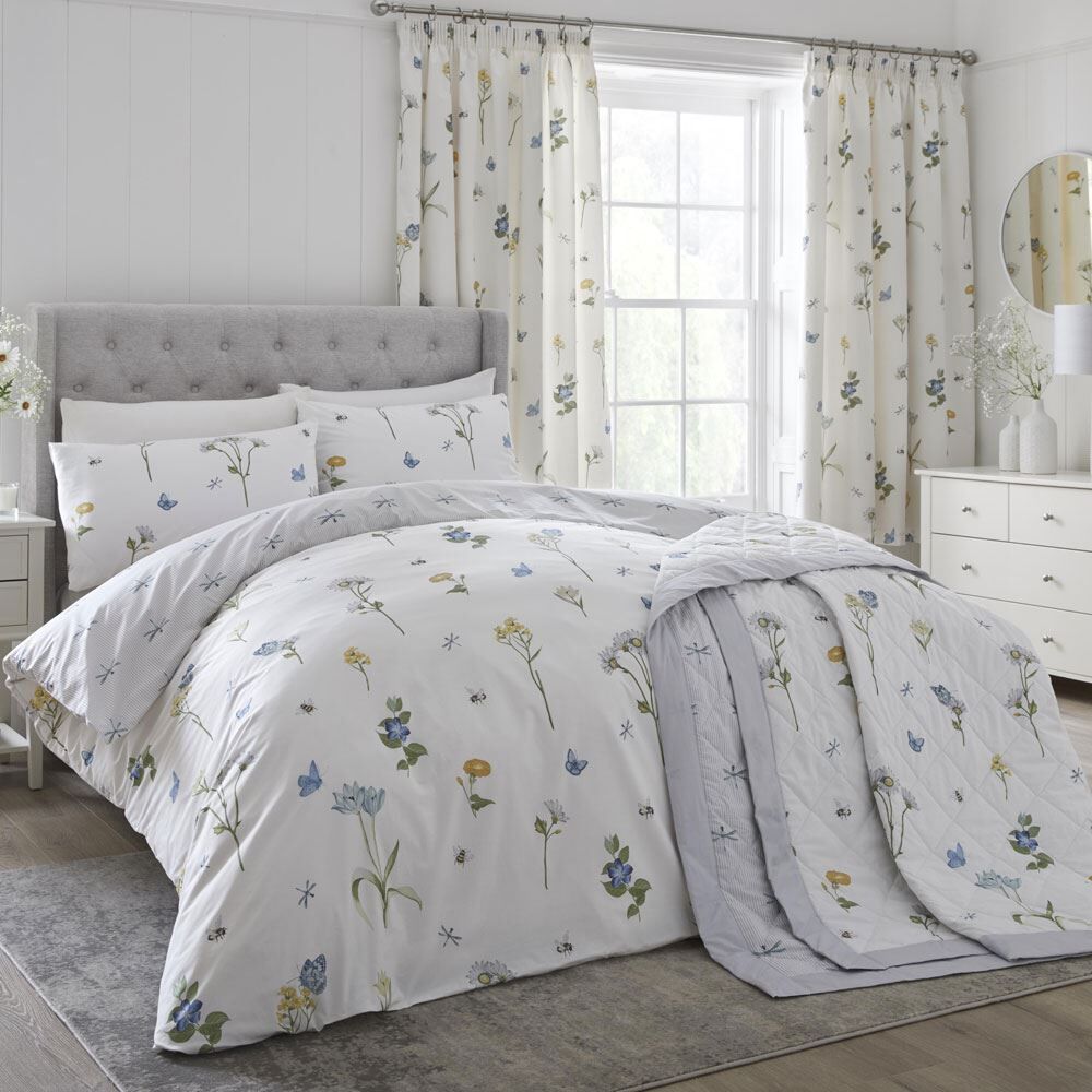 Dreams & Drapes Emelia Floral Print Quilted Bedspread, Blue, 200 x 230 Cm