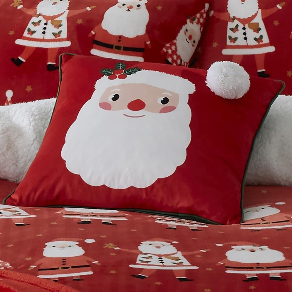 Bedlam Christmas Jolly Santa Fleece Piped Edge Cushion Cover, Red, 43 x 43 Cm