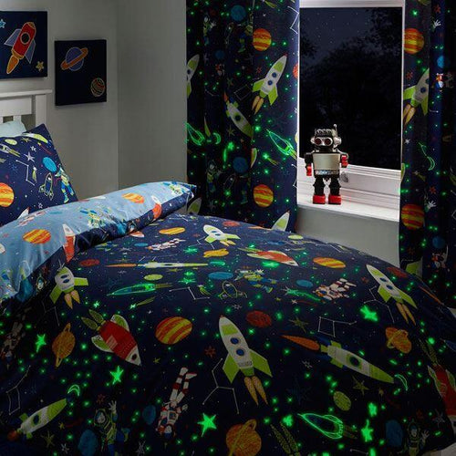 Bedlam Supersonic Glow in the Dark Print Pencil Pleat Lined Curtains, Blue, 66 x 72 Inch