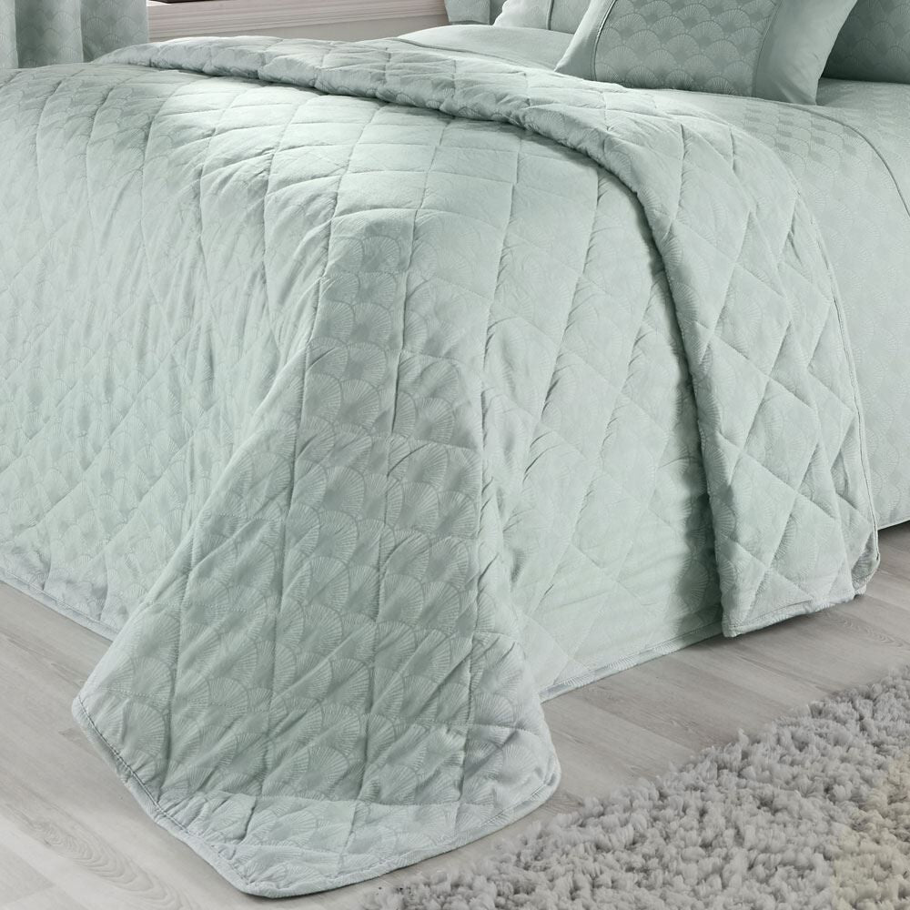 Dreams & Drapes Nouveau Fan Art Deco Woven Jacquard Quilted Bedspread, Duck Egg, 220 x 240 Cm