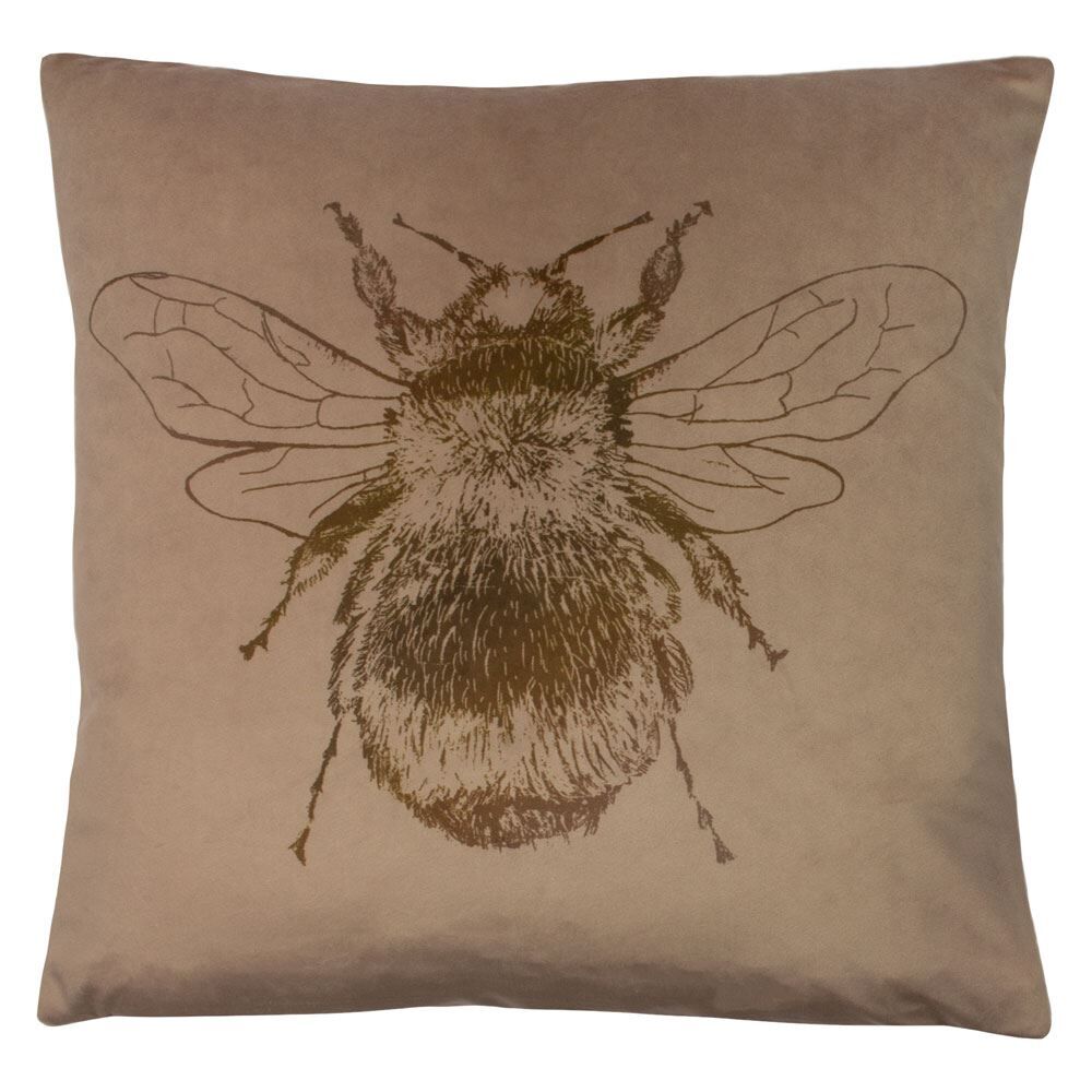 Evans Lichfield Nectar Bee Print Faux Velvet Cushion Cover, Biscuit, 43 x 43 Cm
