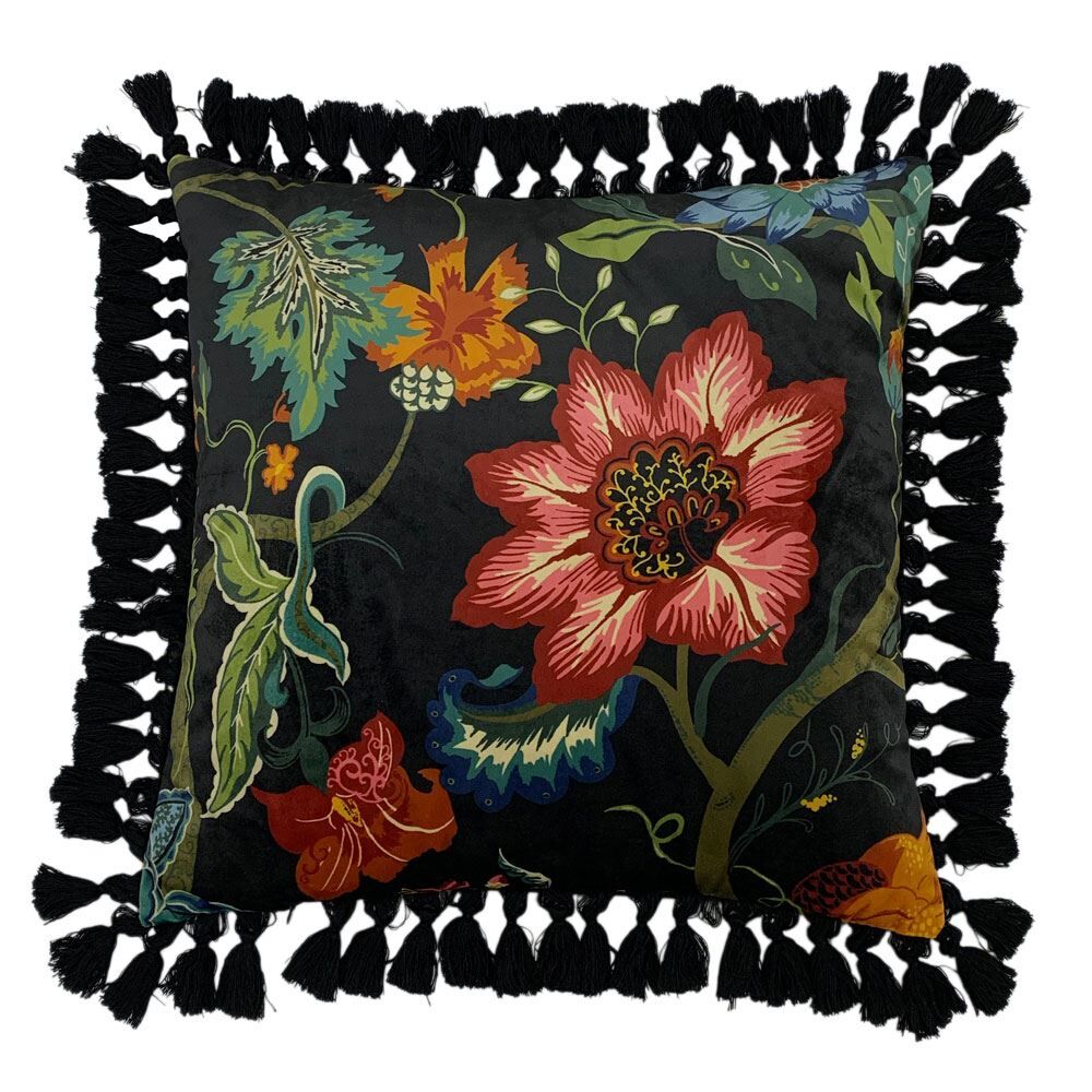 Paoletti Botanist Floral Velvet Cushion Cover, Black, 50 x 50 Cm