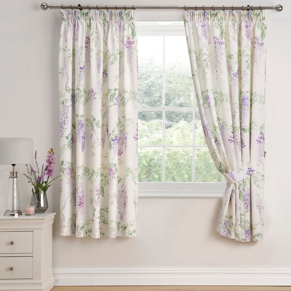 Dreams & Drapes Wisteria Floral Print Lined Pencil Pleat Curtains, Lilac, 66 x 72 Inch