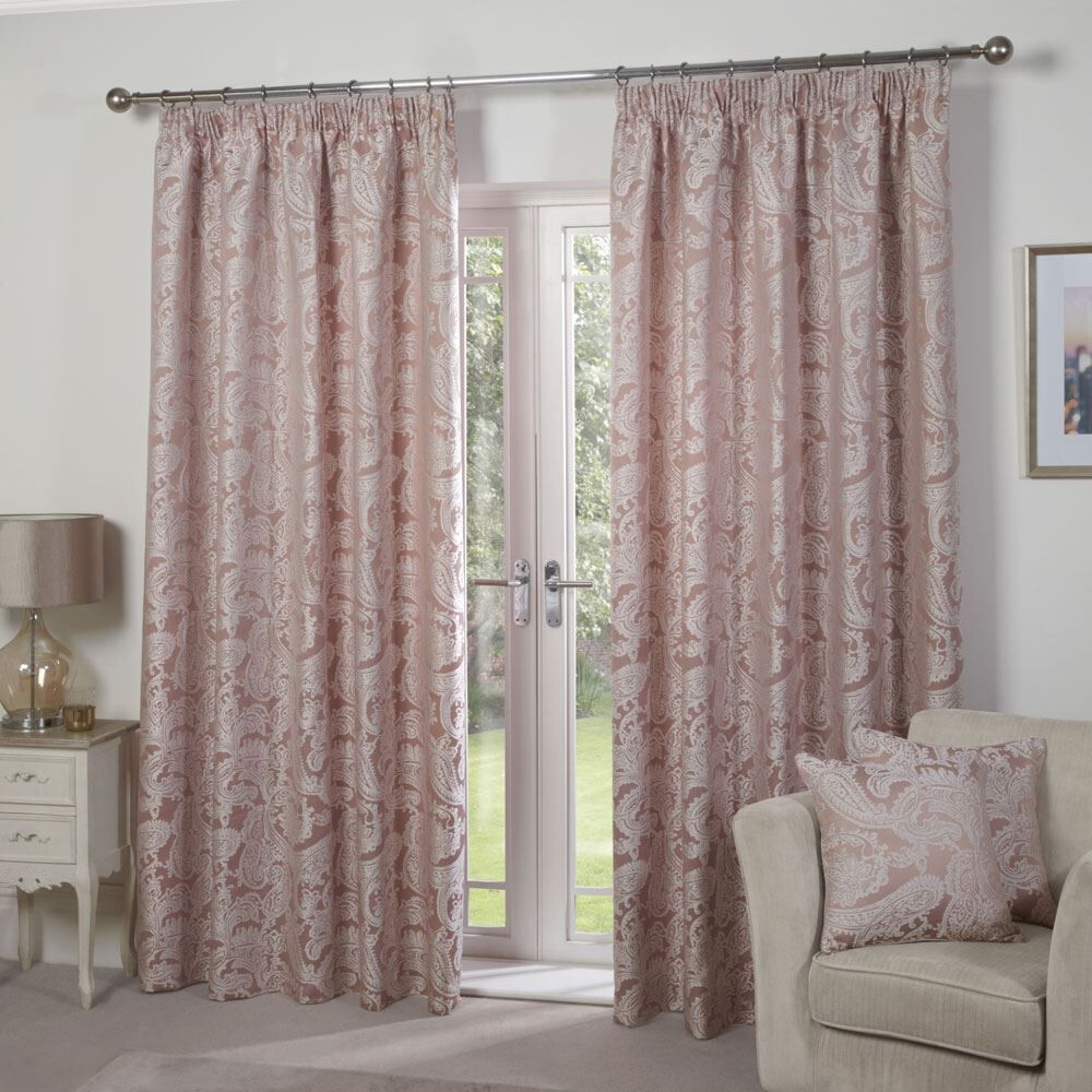 Emma Barclay Duchess Paisley Jacquard Lined Pencil Pleat Curtains, Blush Pink, 90 x 90 Inch