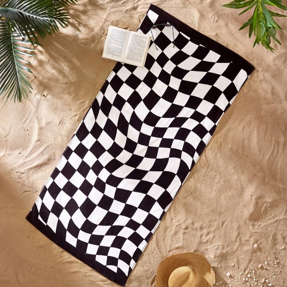 Catherine Lansfield Checkerboard 100% Cotton Beach Towel, Black/White