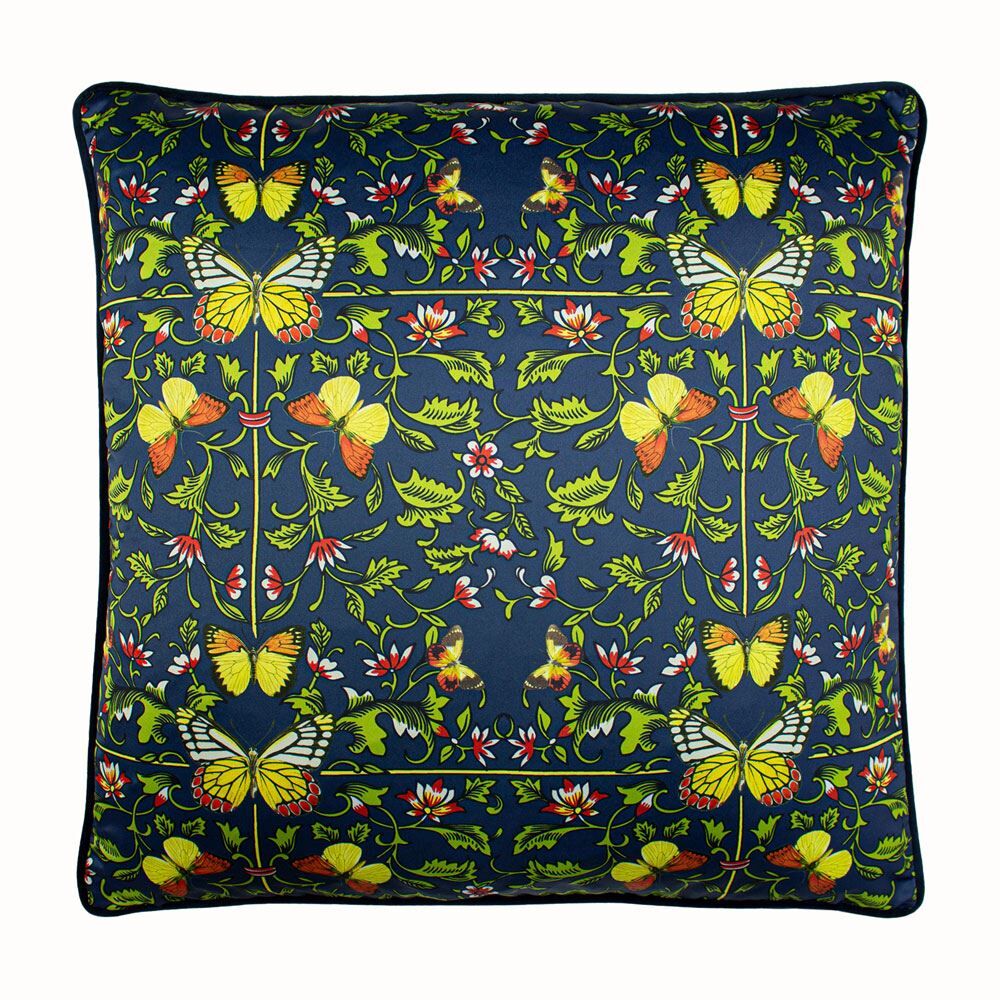 Paoletti Potage Botanical Print Satin Piped Cushion Cover, Navy, 50 x 50 Cm
