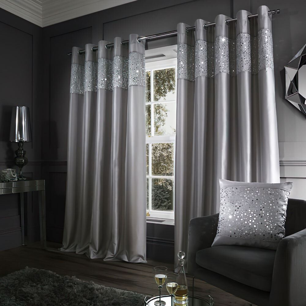 Catherine Lansfield Glitzy Sequin Embellished Faux Silk Eyelet Curtains