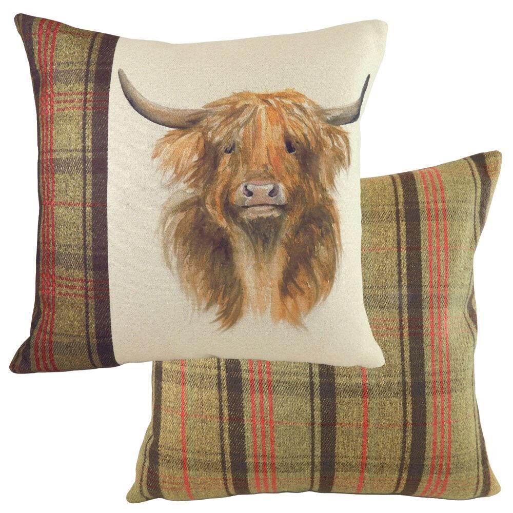 Evans Lichfield Hunter Highland Cow Print Tartan Cushion Cover, Multi, 43 x 43 Cm