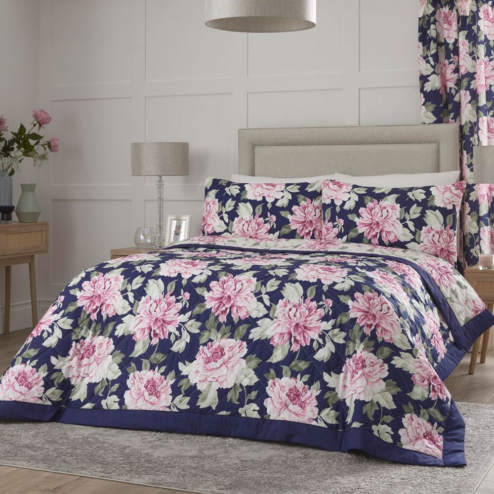 Dreams & Drapes Kirsten Floral Print Quilted Bedspread, Pink/Blue, 200 x 230 Cm