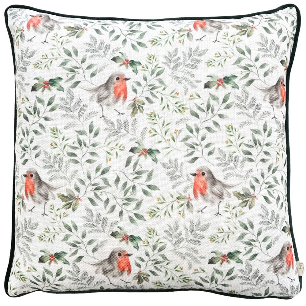 Evans Lichfield Christmas Festive Robin Piped Edge Cushion Cover, Bottle Green, 43 x 43 Cm