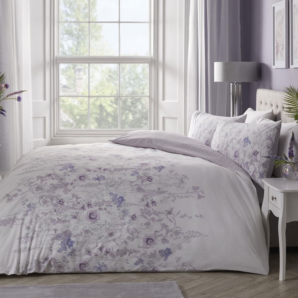 Dreams & Drapes Violet Flower Print 100% Cotton Reversible Duvet Cover Set