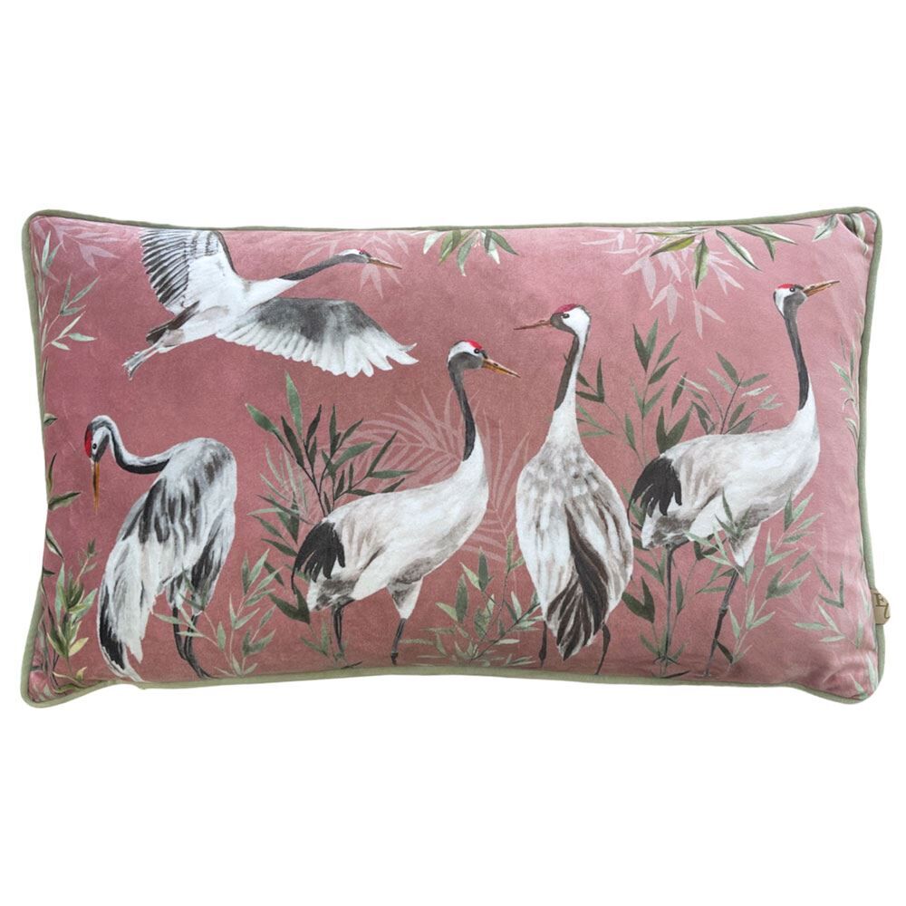 Wylder Tropics Orient Cranes Print Velvet Piped Edge Cushion Cover, Blush, 30 x 50 Cm