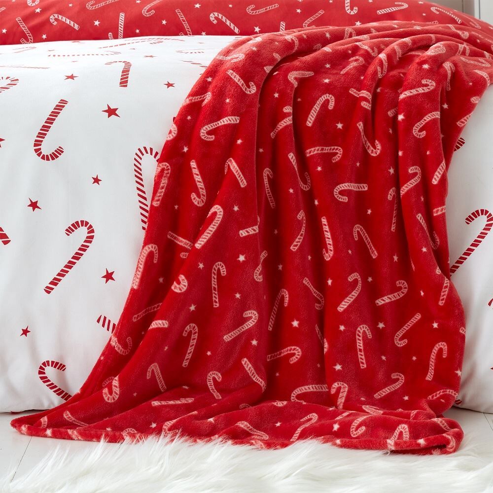 Catherine Lansfield Christmas Candy Cane Fleece Throw, Red/White, 130 x 170 Cm