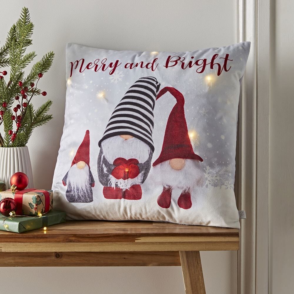 Catherine Lansfield Christmas Merry And Bright Gonks Light Up Filled Cushion, Natural, 45 x 45 Cm