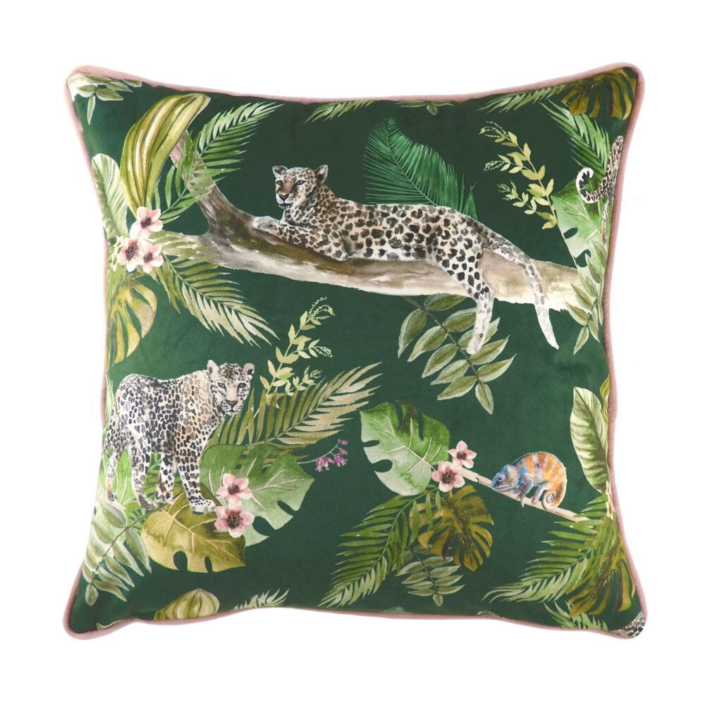 Evans Lichfield Jungle Leopard Print Faux Velvet Cushion Cover, Green, 43 x 43 Cm
