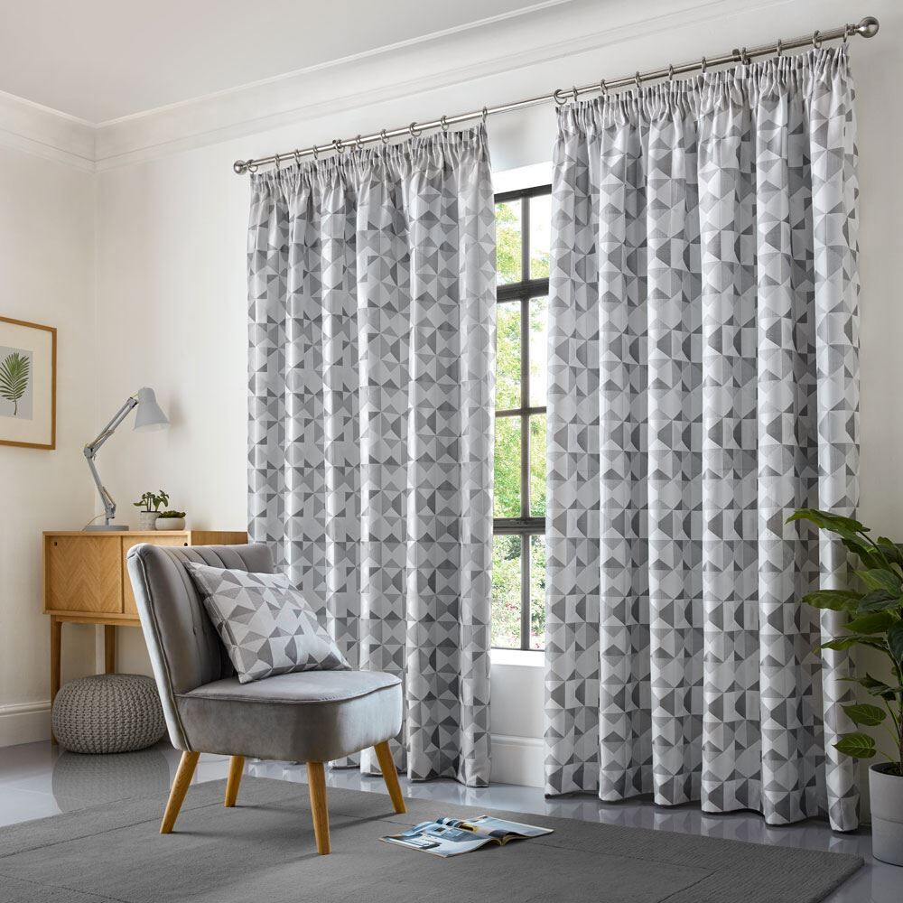 Alan Symonds Skandi Geometric Woven Jacquard Pencil Pleat Lined Curtains, Silver, 90 x 90 Inch