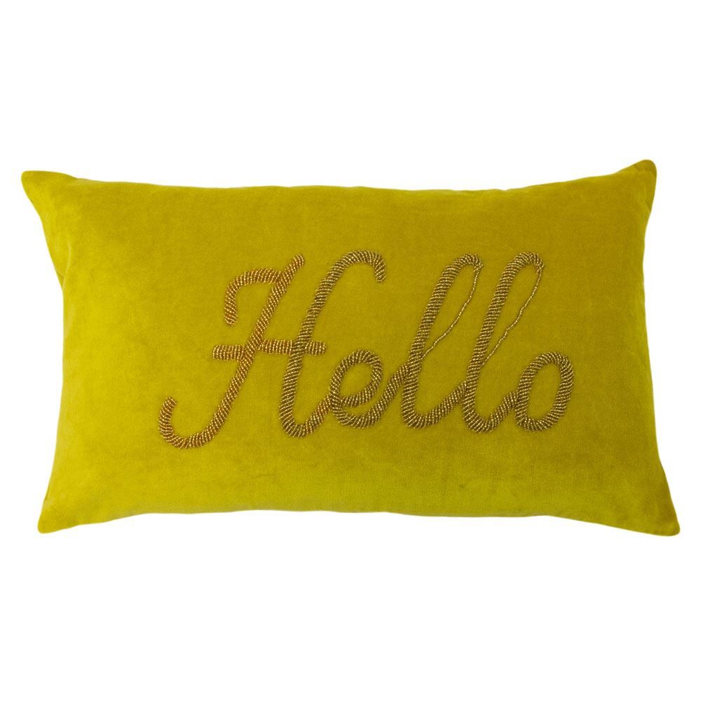 Riva Home Welcome Hello Beaded Stich Faux Velvet 100% Cotton Cushion Cover, Ochre, 30 x 50 Cm