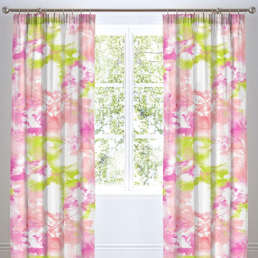 Bedlam Kids Tye Dye Print Pencil Pleat Lined Curtains, Neon Pink, 66 x 72 Inch
