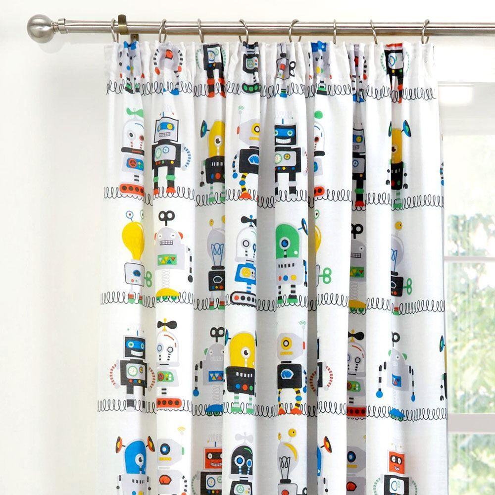 Bedlam Kids Robots Print Lined Pencil Pleat Curtains, Blue, 66 x 72 Inch