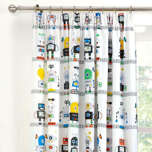 Bedlam Kids Robots Print Lined Pencil Pleat Curtains, Blue, 66 x 72 Inch