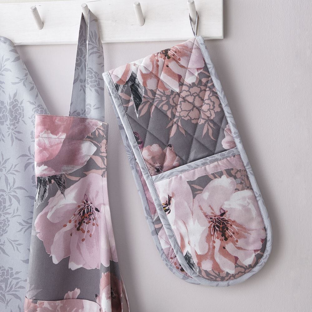 Catherine Lansfield Dramatic Floral 100% Cotton Double Oven Glove, Grey