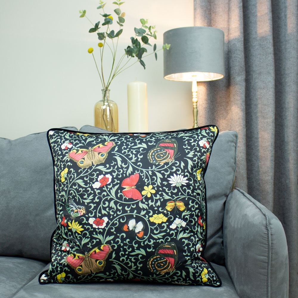 Paoletti Heligan Botanical Satin Piped Cushion Cover, Black, 50 x 50 Cm
