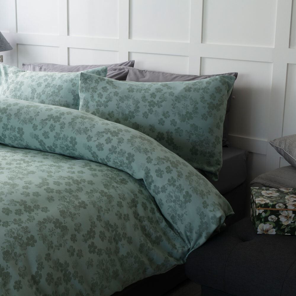Belledorm Flora Jacquard Cotton Rich Duvet Cover Set, Duck Egg, King