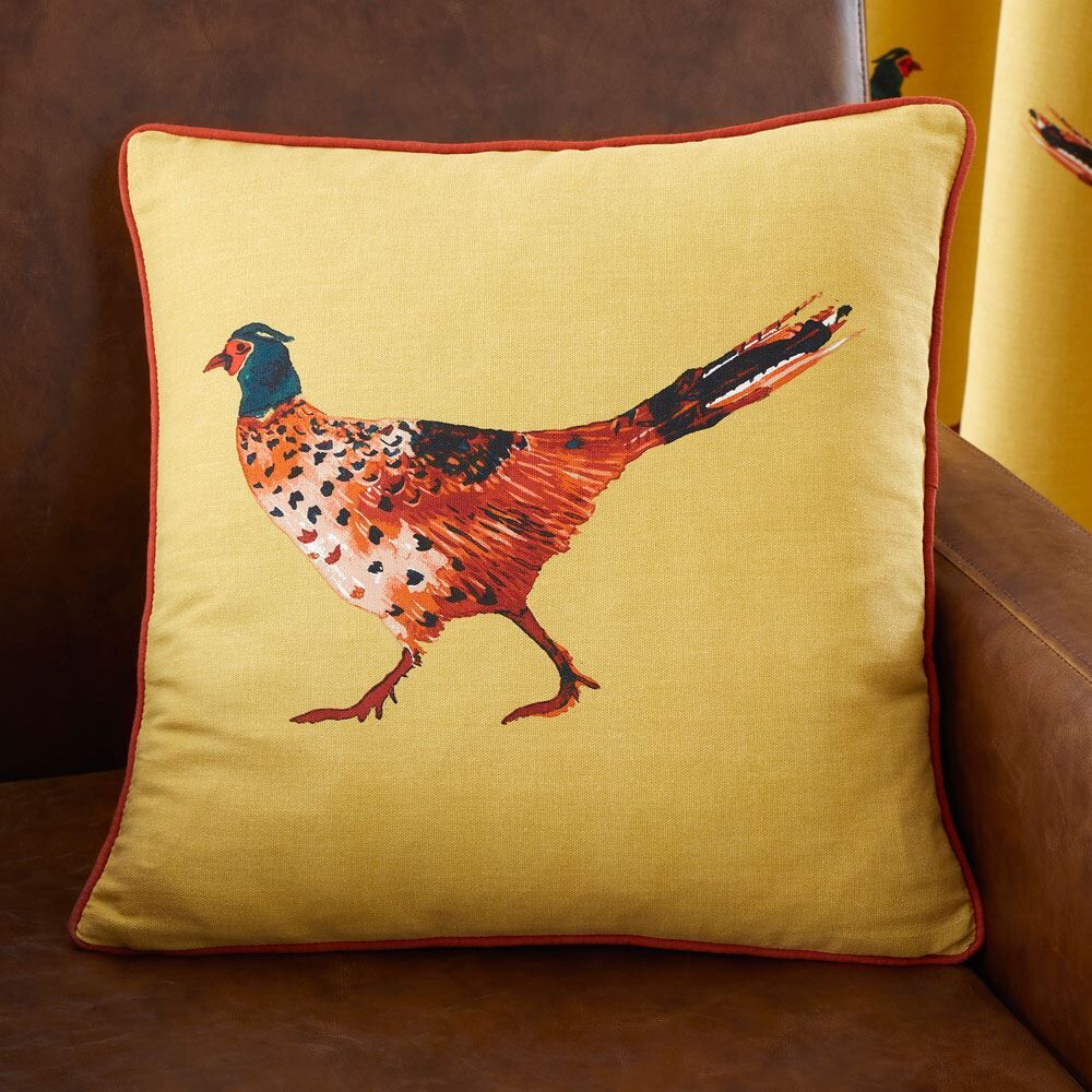Fusion Pheasant Contemporary Print 100% Cotton Filled Cushion, Ochre, 43 x 43 Cm