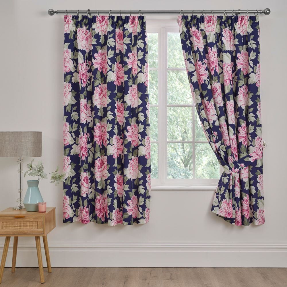 Dreams & Drapes Kirsten Floral Print Lined Pencil Pleat Curtains, Pink/Blue, 66 x 72 Inch