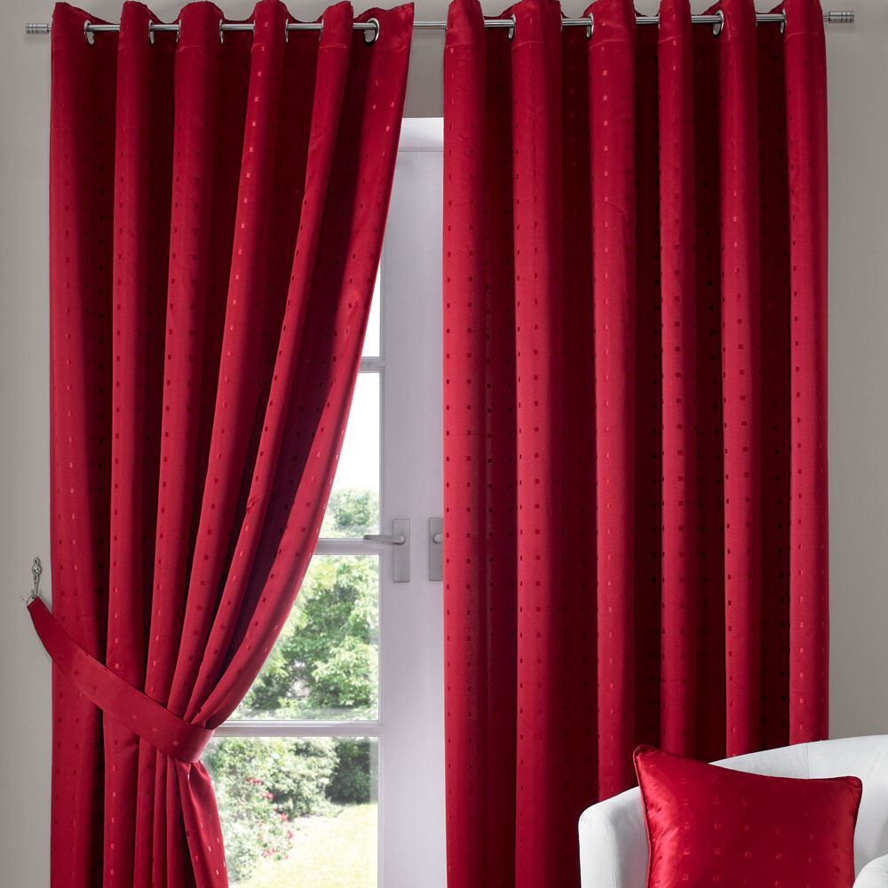 Alan Symonds Madison Doby Square Eyelet Lined Curtains, Red, 90 x 72 Inch