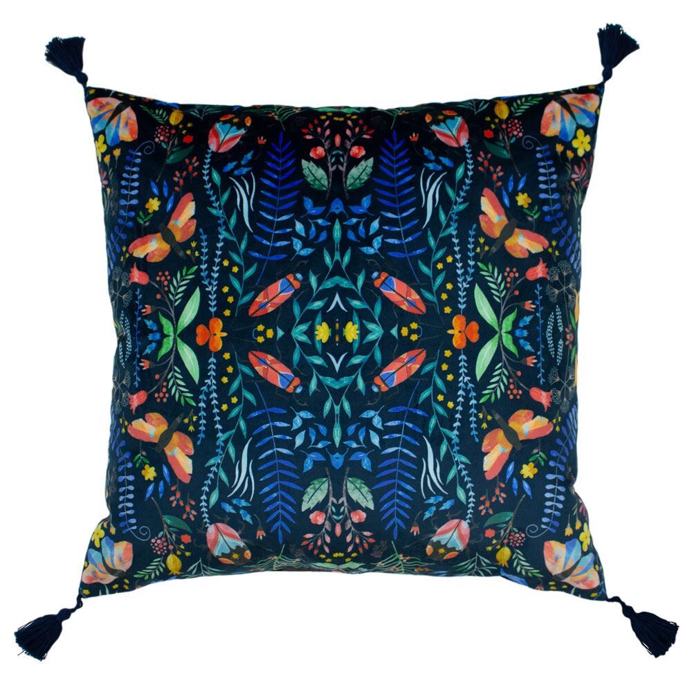 Furn Kaleidoscopic Insect Print Velvet Cushion Cover, Blue, 50 x 50 Cm