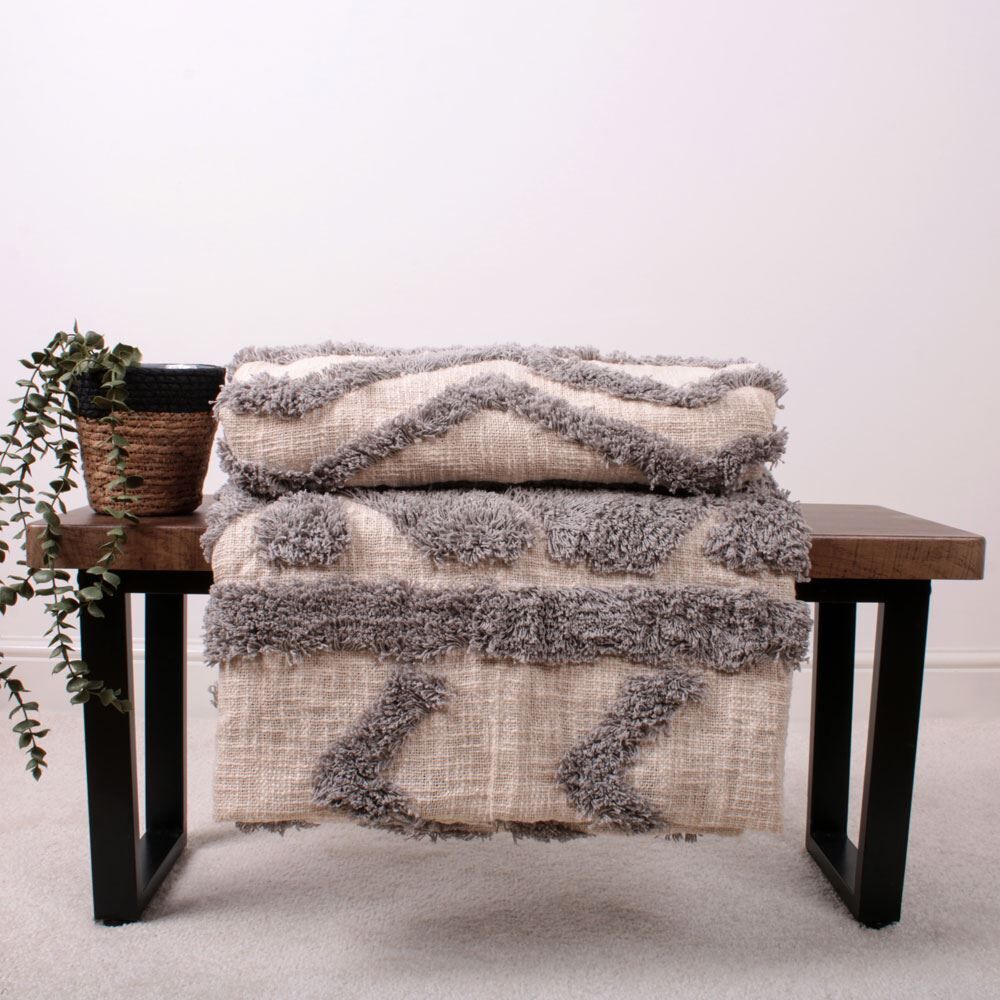 Appletree Loft Inca Tufted Geometric 100% Cotton Throw, Grey, 130 x 180 Cm