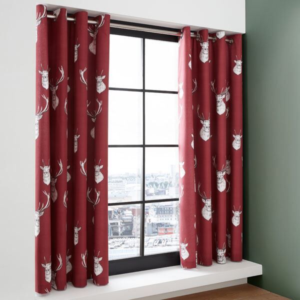 Catherine Lansfield Munro Stag Check Easy Care Lined Eyelet Curtains, Red, 66 x 72 Inch