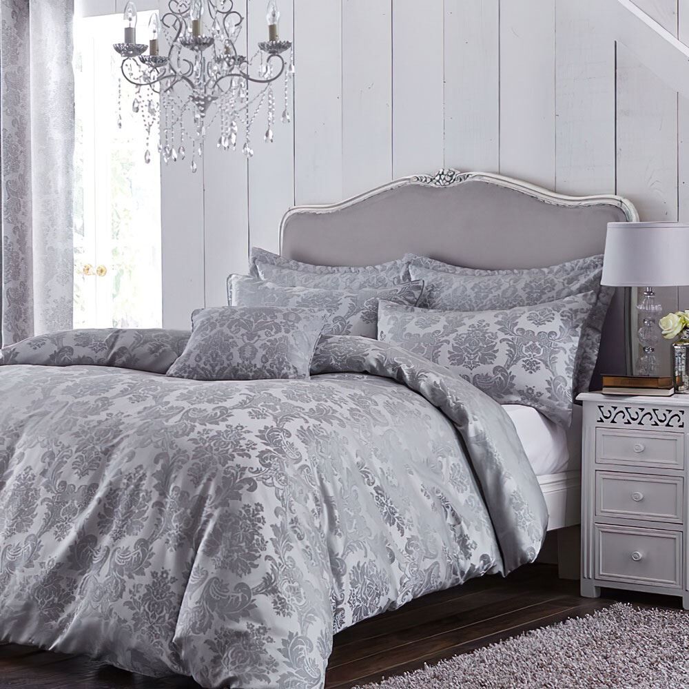 Catherine Lansfield Damask Jacquard Embellished Duvet Cover Set, Silver