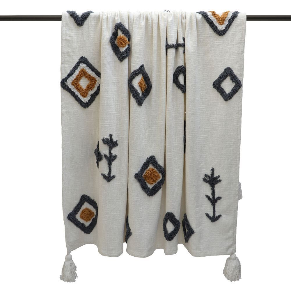 Furn Inka Geometric 100% Cotton Tasselled Throw, Grey/Ochre, 130 x 150 Cm