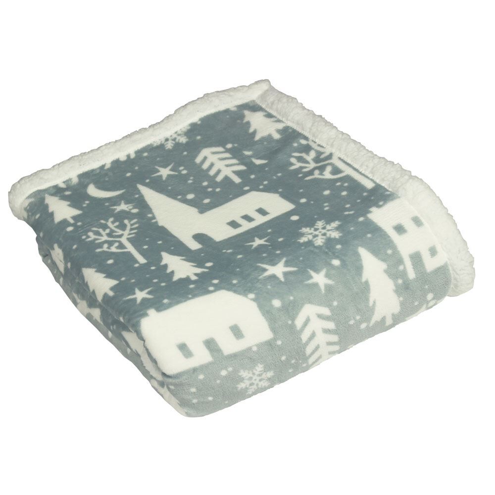 Furn Winter Walk Printed Super Soft Sherpa Fleece Throw, Mist Blue, 130 x 150 Cm