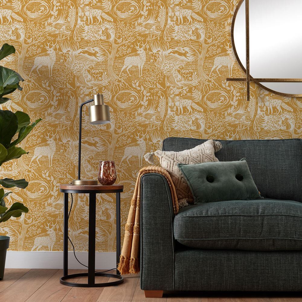Furn Winter Woods Animal Printed Wallpaper, Ochre