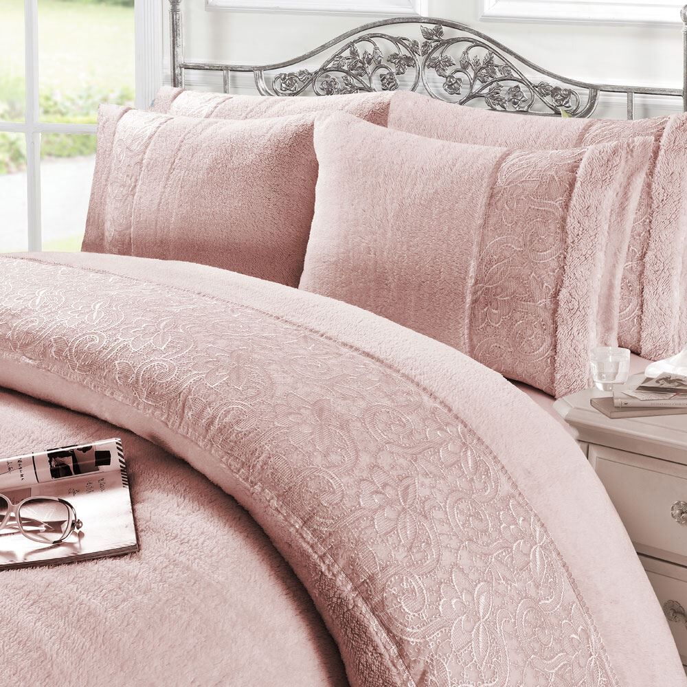 Night Zone Grace Embroidered Lace Teddy Fleece Duvet Cover Set