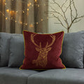 Furn Forest Fauna Stag Embroidered Faux Velvet Piped Cushion Cover, Burgundy/Gold, 50 x 50 Cm