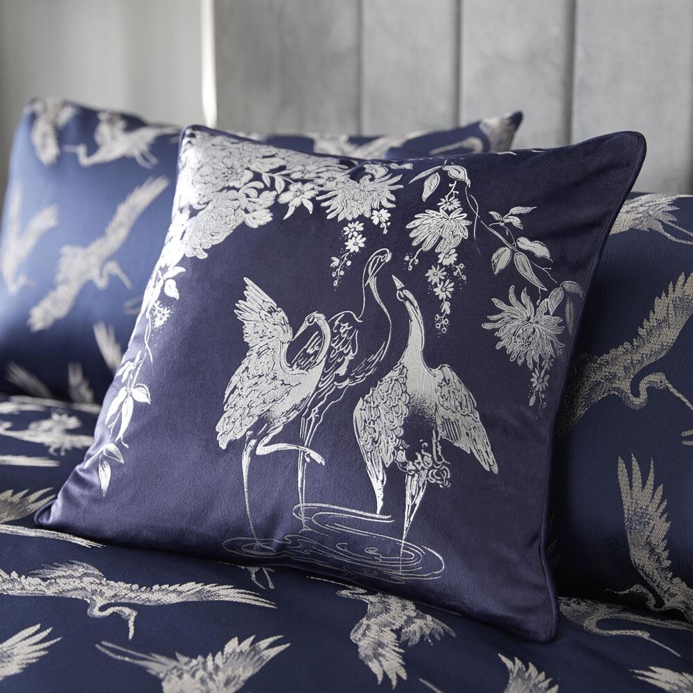 Laurence Llewelyn Bowen Crane Dance Foil Print Velvet Piped Edge Cushion Cover, Navy, 43 x 43 Cm