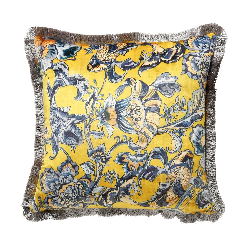 Scatter Box Koi Fringed Velvet Feather Filled Cushion, Yellow/Grey, 45 x 45 Cm
