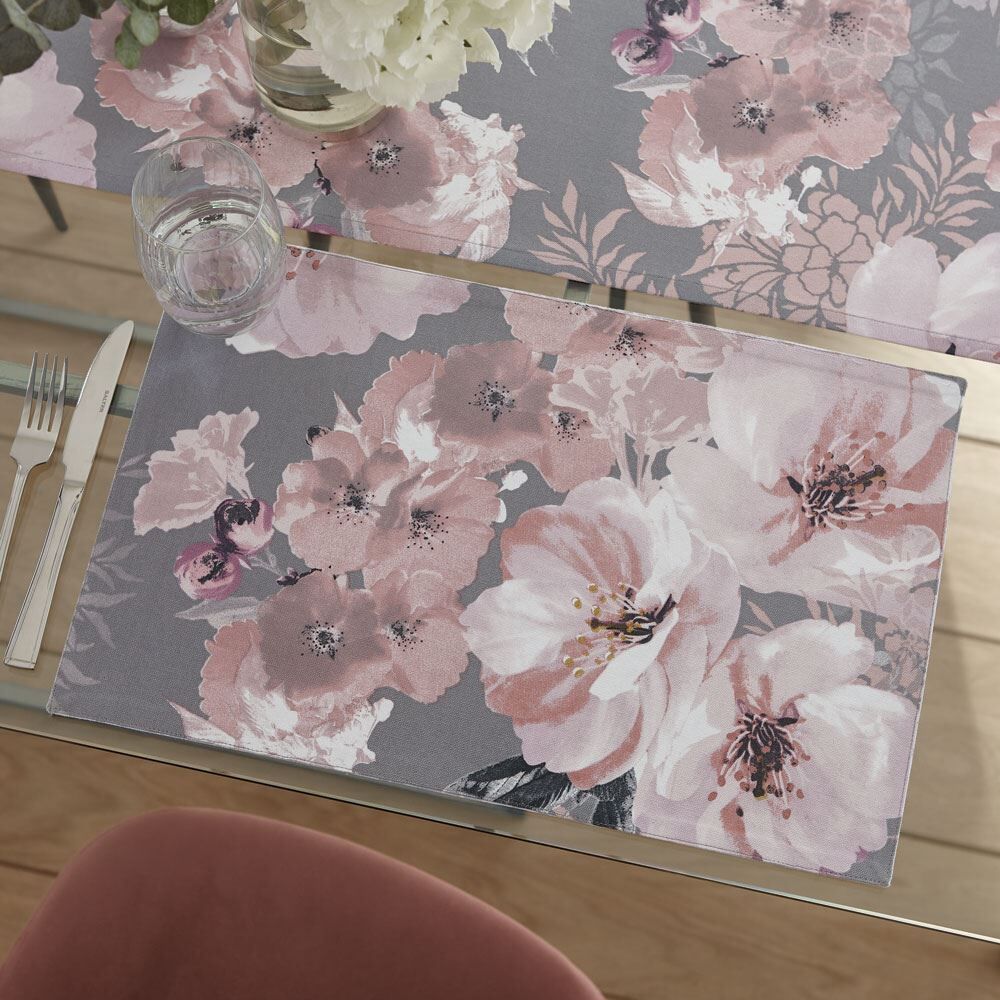 Catherine Lansfield Dramatic Floral 100% Cotton Table Place Mat, Grey, 2 Pack