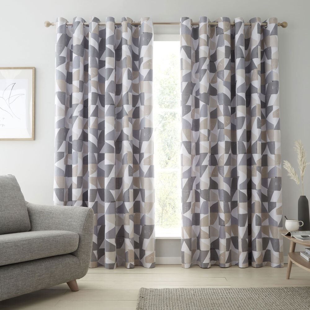 Catherine Lansfield Oslo Geo Scandi Print 100% Cotton Lined Eyelet Curtains
